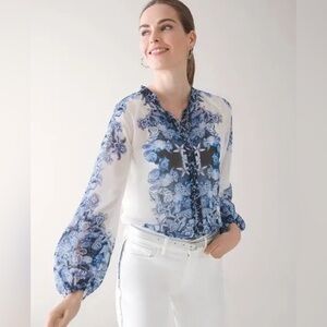 White House Black Market Blue and White Seashell Blouse